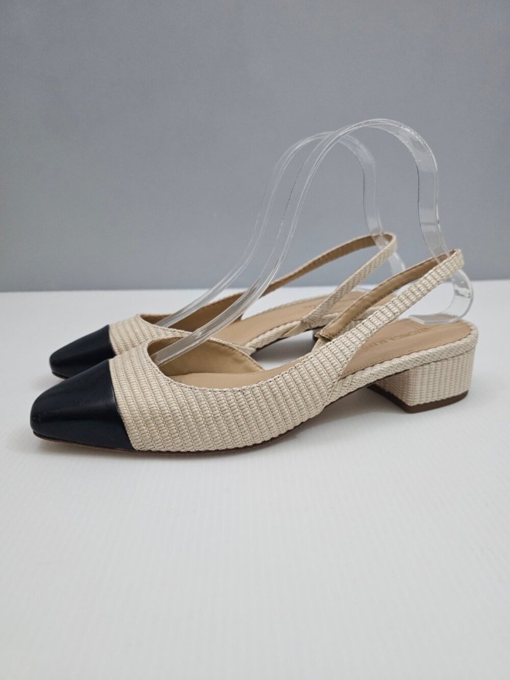 Veronica Beard Cecile Raffia Slingback Pumps Womens 7.5 Cream Black Cap Toe Heel